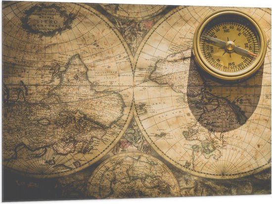 Vlag - Kompas met Wereldkaarten - 100x75 cm Foto op Polyester Vlag