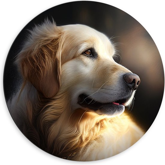 Dibond Muurcirkel - Opzijkijkende Golden Retriever Hond - 60x60 cm Foto op Aluminium Muurcirkel (met ophangsysteem)