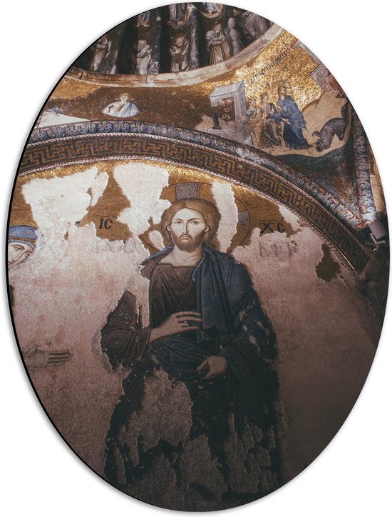 Dibond Ovaal - Religieuze Muurschilderingen in een Kerk - 42x56 cm Foto op Ovaal (Met Ophangsysteem)