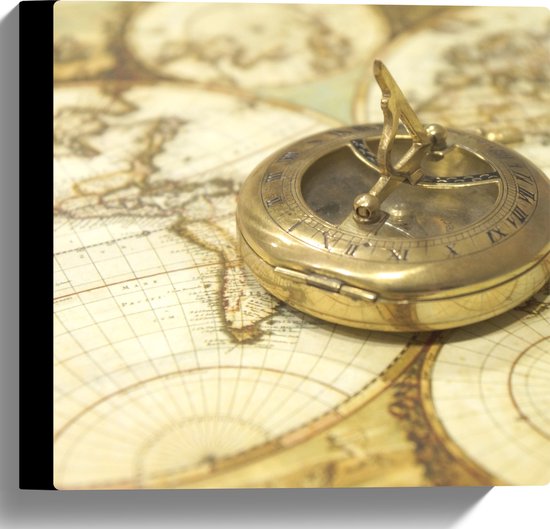 Canvas - Gouden Kompas op Wereldkaart - 30x30 cm Foto op Canvas Schilderij (Wanddecoratie op Canvas)