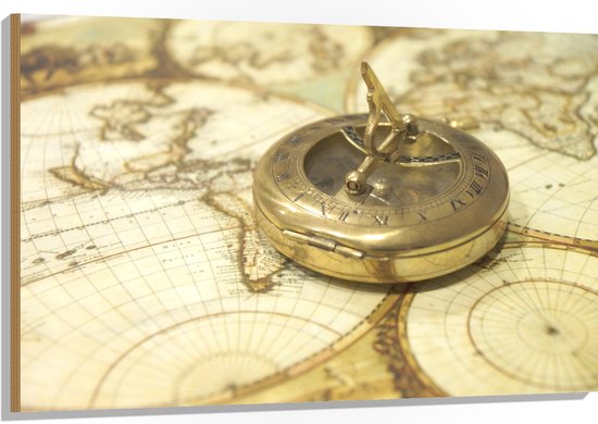Hout - Gouden Kompas op Wereldkaart - 120x80 cm - 9 mm dik - Foto op Hout (Met Ophangsysteem)