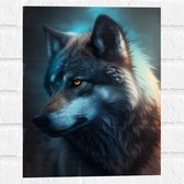 Muursticker - Opzijkijkende Wolf in Blauw Licht met Feloranje Ogen - 30x40 cm Foto op Muursticker