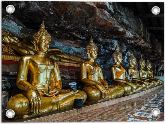 Tuinposter – Rijen Gouden Boeddha's in Wat Tham Khuha Sawan Tempel in Thailand - 40x30 cm Foto op Tuinposter (wanddecoratie voor buiten en binnen)