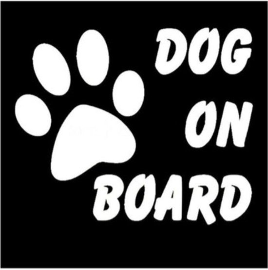 Zwarte sticker met witte tekst 'DOG ON BOARD' en een witte pootafdruk.