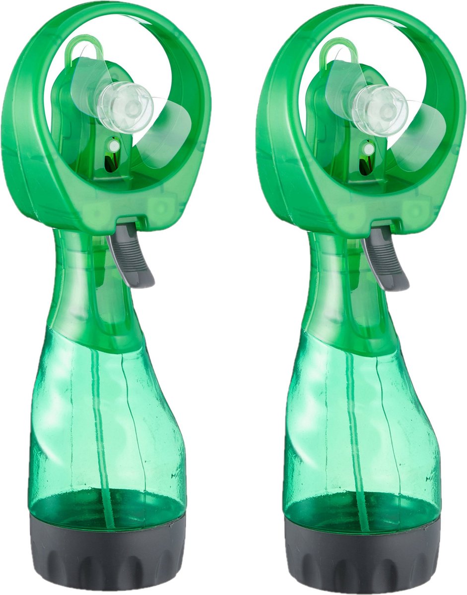 Cepewa Ventilator/waterverstuiver voor in je hand - 2x - Verkoeling in zomer - 25 cm - Groen