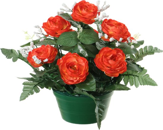 Louis Maes Kunstbloemen plantje in pot - 2x - rood - 25 cm - Bloemstuk ornament - rozen met bladgroen
