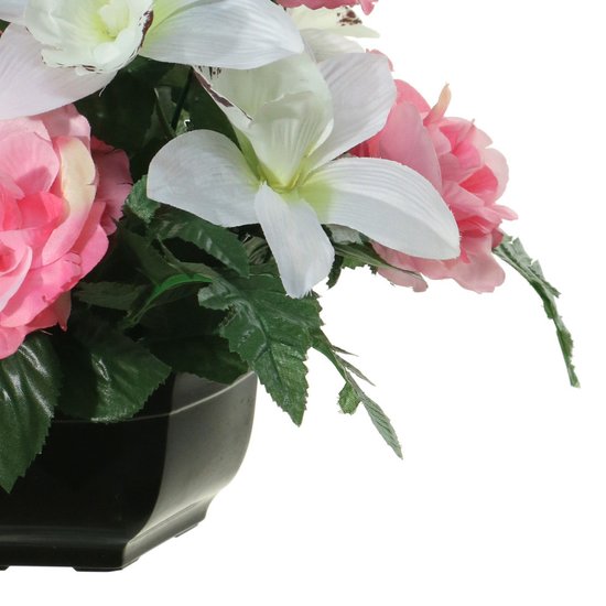 Louis Maes Plante de Fleurs artificielles en pot - 2x - couleurs rose/blanc - 25 cm - Ornement de composition florale - orchidée/roses avec feuille verte