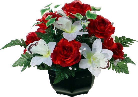 Louis Maes Plante de Fleurs artificielles en pot - 2x - couleurs rouge/blanc - 25 cm - Ornement de composition florale - orchidée/roses avec feuille verte