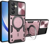 Hoesje met Camera Slider Geschikt voor de Samsung Galaxy A54 - Back Cover met Standaard - Uitklapbare Kickstand Ring - Beschermhoes TPU - Magneet voor Auto Houder Roze