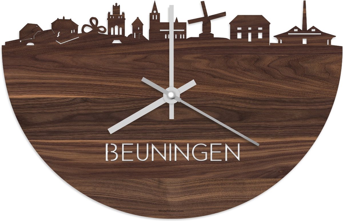 Skyline Klok Beuningen Notenhout - Ø 40 cm - Stil uurwerk - Wanddecoratie - Meer steden beschikbaar - Woonkamer idee - Woondecoratie - City Art - Steden kunst - Cadeau voor hem - Cadeau voor haar - Jubileum - Trouwerij - Housewarming - WoodWideCities