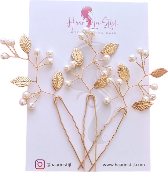 Haar in Stijl® Safa Serie - Leaf Goud - Set van 3 gouden haarsteken met parel kraaltjes