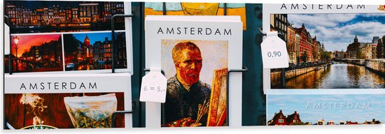 Dibond - Amsterdamse Ansichtkaarten in het Rek - 120x40 cm Foto op Aluminium (Wanddecoratie van metaal)