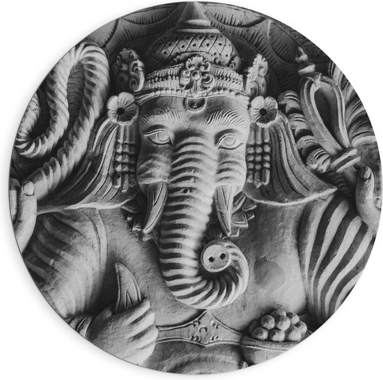 Dibond Muurcirkel - Stenen Ganesha Beeld met Details van Bloemen - 90x90 cm Foto op Aluminium Muurcirkel (met ophangsysteem)