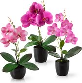 Kunstbloemen in een pot (36cm) - set van 3 orchideeën kunstmatig op elkaar afgestemd arrangement in hoogglans keramische potten - hoogte 35cm, kunstbloemen, kunstorchideeën (rozenarrangement)