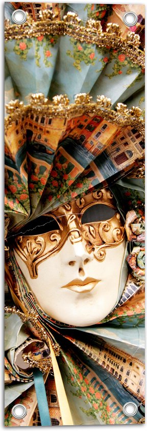 Tuinposter – Prachtig Masker met Blauwe Kraag en Gouden Details - 20x60 cm Foto op Tuinposter (wanddecoratie voor buiten en binnen)
