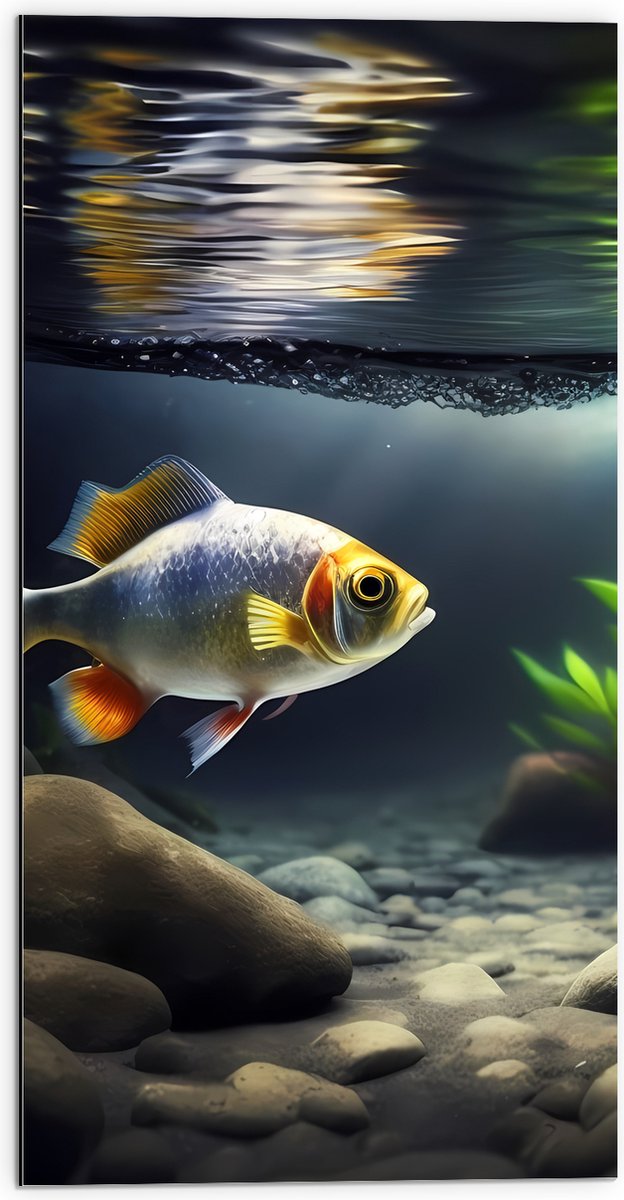 Dibond - Zilver met Oranjekleurige Vis Zwemmend in Aquarium - 50x100 cm Foto op Aluminium (Met Ophangsysteem)