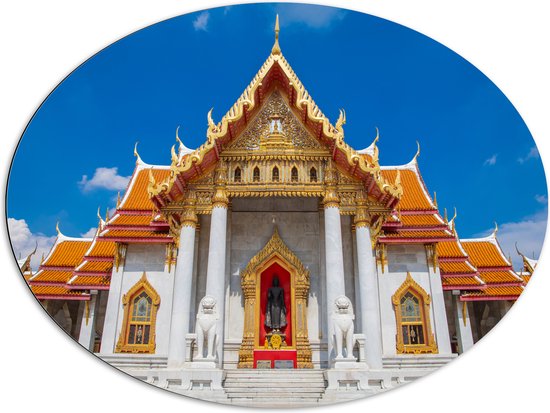 Dibond Ovaal - Wit met Gouden Marmeren Tempel in Bangkok, Thailand - 96x72 cm Foto op Ovaal (Met Ophangsysteem)