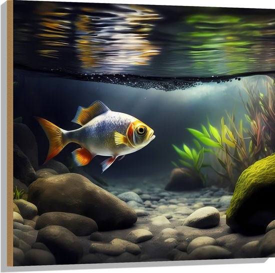 Hout - Zilver met Oranjekleurige Vis Zwemmend in Aquarium - 80x80 cm - 9 mm dik - Foto op Hout (Met Ophangsysteem)