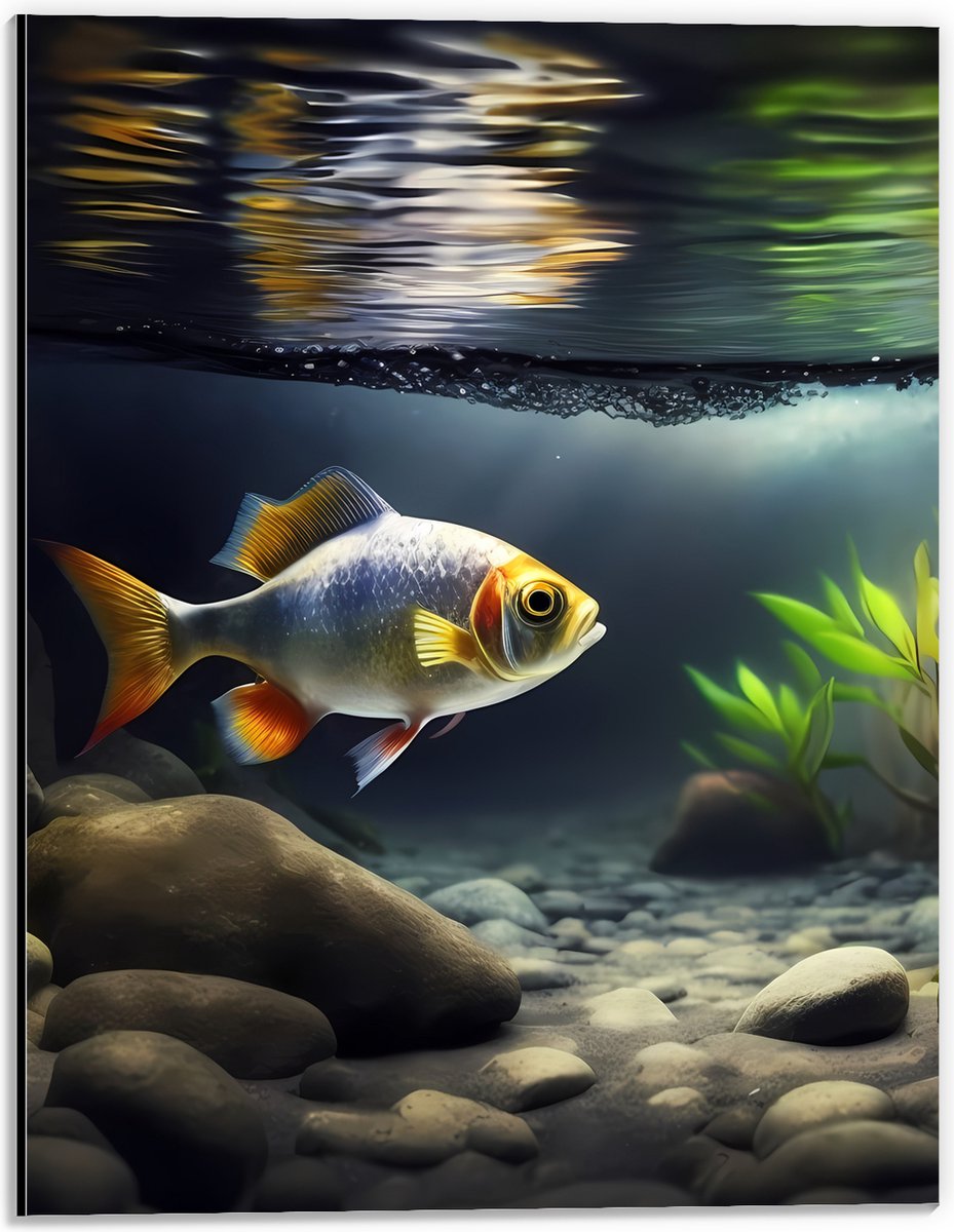 Dibond - Zilver met Oranjekleurige Vis Zwemmend in Aquarium - 30x40 cm Foto op Aluminium (Met Ophangsysteem)