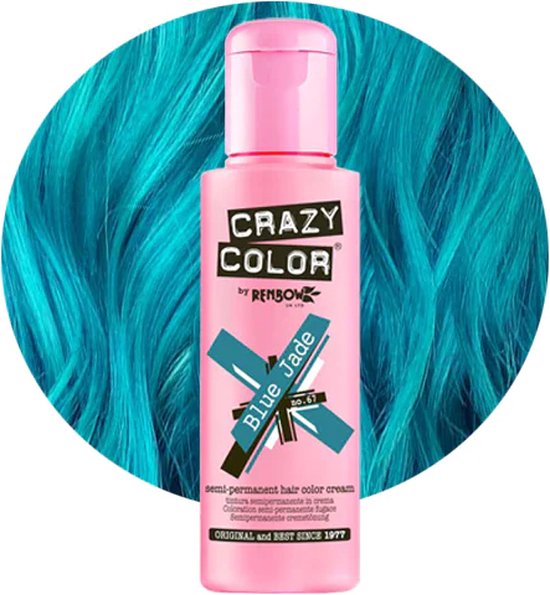 Roze fles Crazy Color Blue Jade haarverf met op de achtergrond een cirkel met golvend blauwgroen haar.