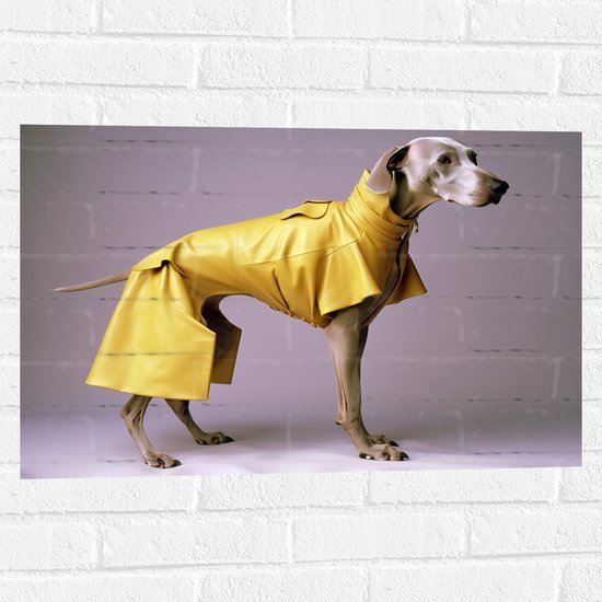 Muursticker - Zijaanzicht van Duitse Dog Hond in Gele Regenjas - 75x50 cm Foto op Muursticker