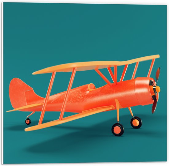 PVC Schuimplaat - Zijaanzicht van Oranje Zweefvliegtuig tegen Blauwe Achtergrond - 50x50 cm Foto op PVC Schuimplaat (Met Ophangsysteem)