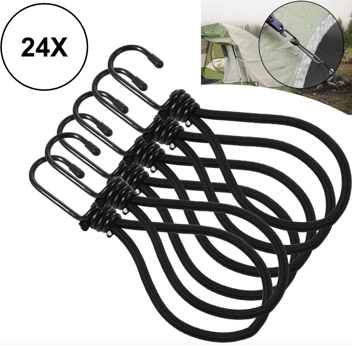 PD® - Snelbinders - Snelbinders met Haak - Spanelastiek - 24 stuks - Spanelastiek met Haak - Spanrubbers - Tentspanner - Spinhaak - Elastiek met Haak