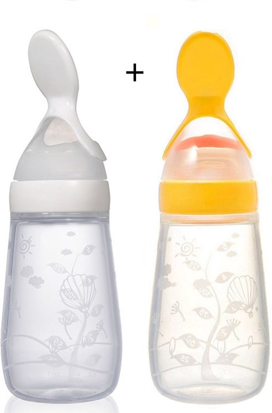 Babyflesje - Biberoia® 2x Knijpfles met lepel – Drinkfles - Baby – Kinderbestek - Kraamcadeau – Babyshower – Wit en Geel