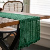 Macramé tafelloper boho katoenen vlas tafelloper met kwastjes, 30 x 180 cm rechthoekige gehaakte kant mesh tafelkleed voor keuken vintage boerderij Boheemse bruiloft tafelblad decor (groen)