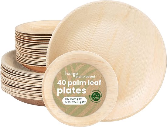 HAAGO 40 Assiettes en feuille de palmier, 2 tailles 15 cm (20 pièces) et 25  cm (20... | bol.com