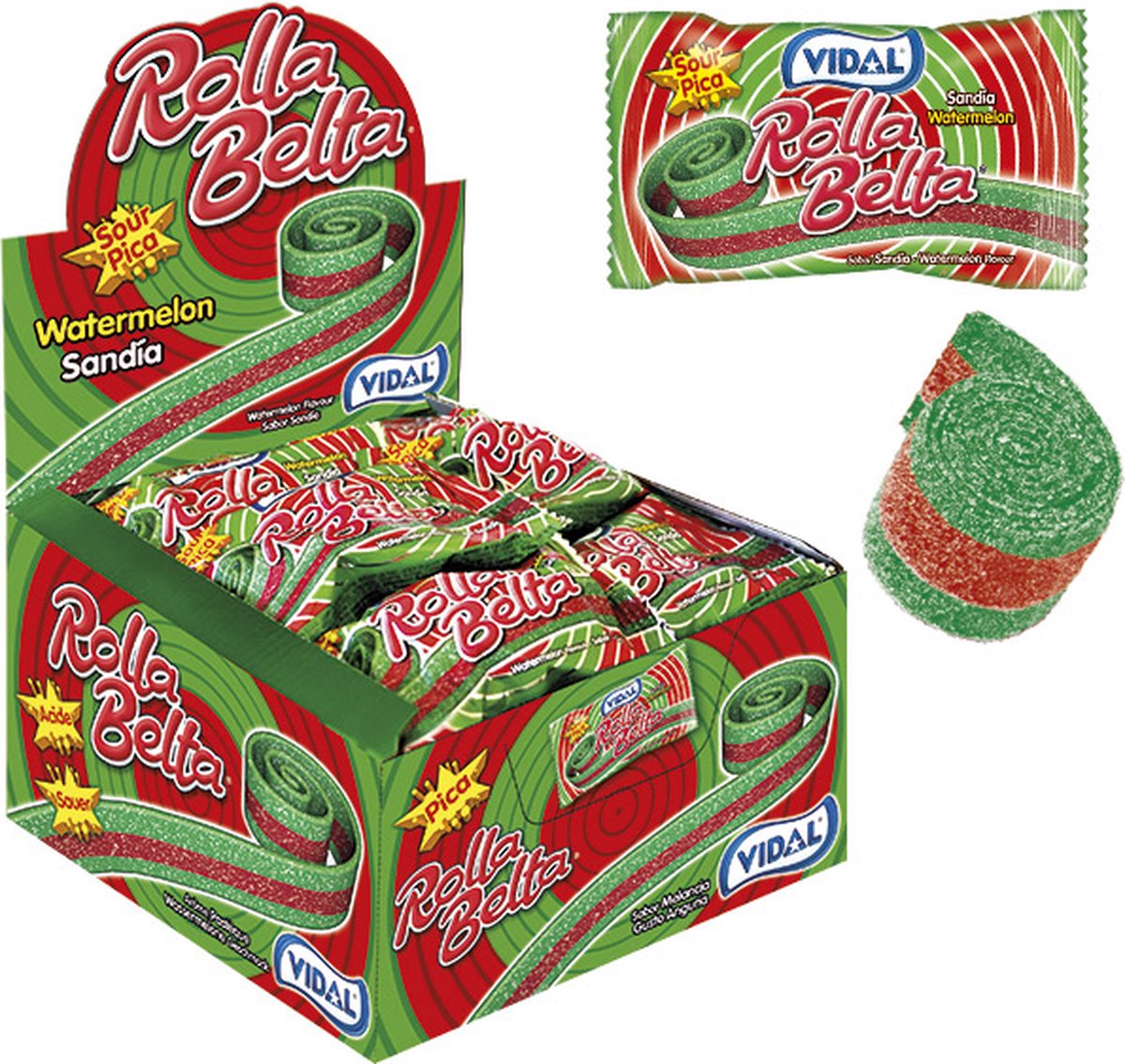Vidal - Zure Matjes Watermeloen- 19 Gram x 24 Stuks - Watermelon - Uitdeel - Rolla Belta - Zure Matten - Mat - Zuur