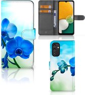 Telefoonhoesje Geschikt voor Samsung Galaxy A14 4G Wallet Book Case met foto Orchidee Blauw Valentijn Cadeautje Vrouw