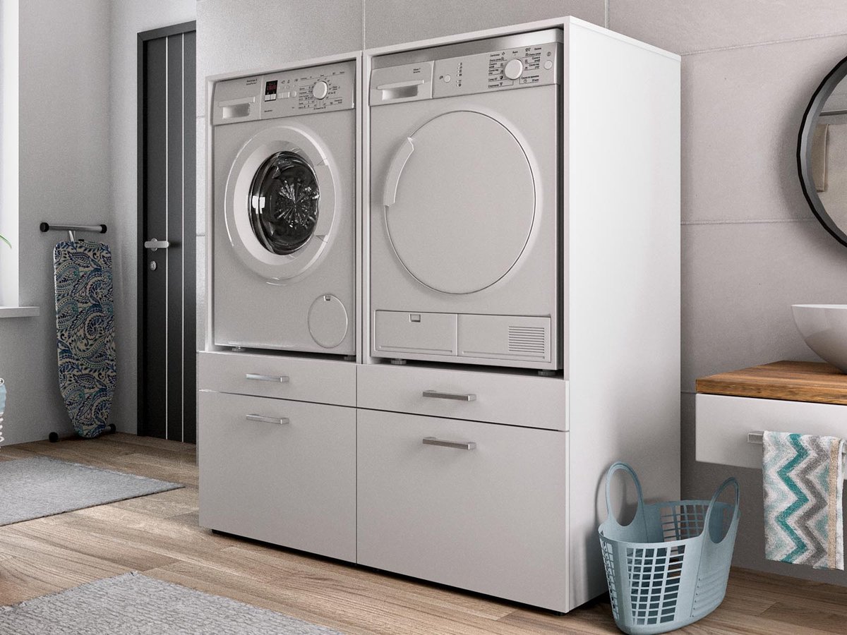 Mobistoxx Set van 2 WASMACHINEKASTEN Washing, Kast voor wasmachine of droogkast met lade voor wasmand, wit, universeel - Mobistoxx