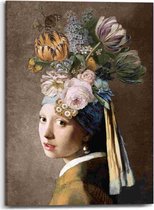 Peinture fille de fleur avec une boucle d'oreille perle