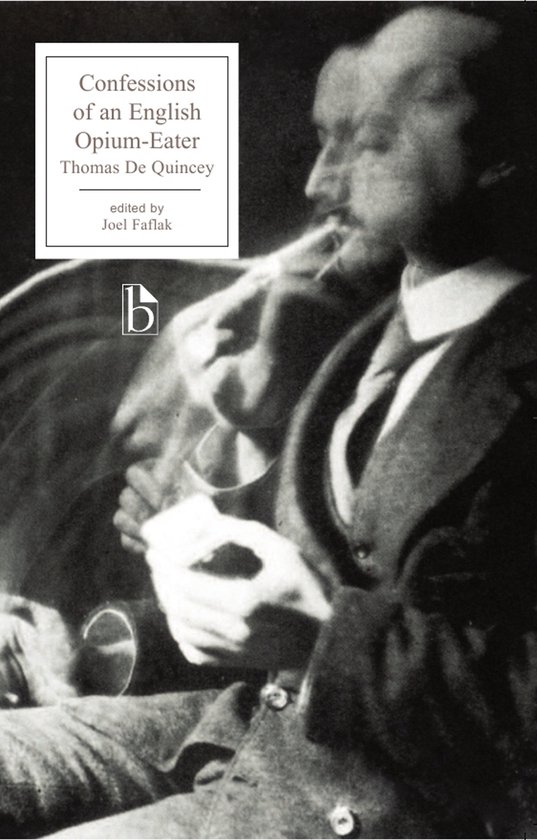 Couverture du livre 'Confessions of an English Opium-Eater' de Thomas De Quincey, illustrée d'un homme en costume.