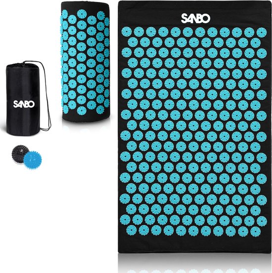 Sanbo Acupressuur Mat met Kussen - Zwart / Blauw - 68x42x2cm - Spijkermat Incl. App & 2x Triggerpoint Bal & Draagtas - Shakti mat - Zweedse spijkermat - Fitness - Meditatie Mat - Acupunctuur Spijkerbed