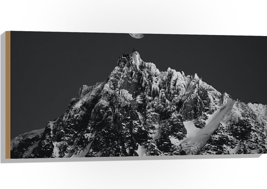 Hout - Bergen - Sneeuw -Maan - Zwart - Wit - 100x50 cm - 9 mm dik - Foto op Hout (Met Ophangsysteem)