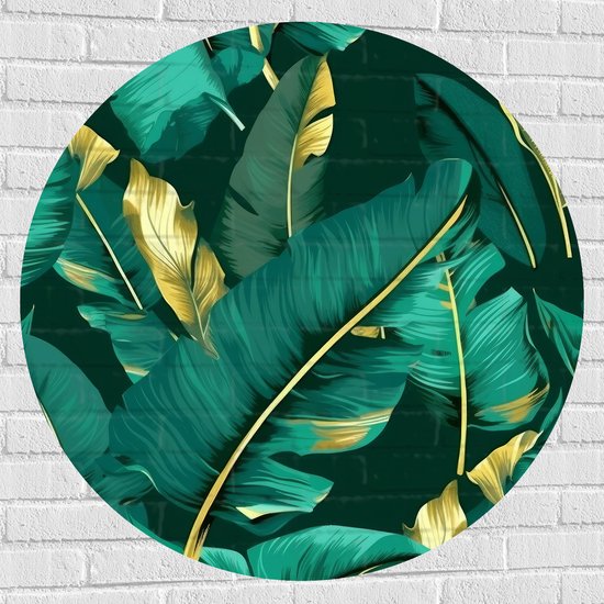 Muursticker Cirkel - Groene Palmbladeren met Gouden Details - 100x100 cm Foto op Muursticker