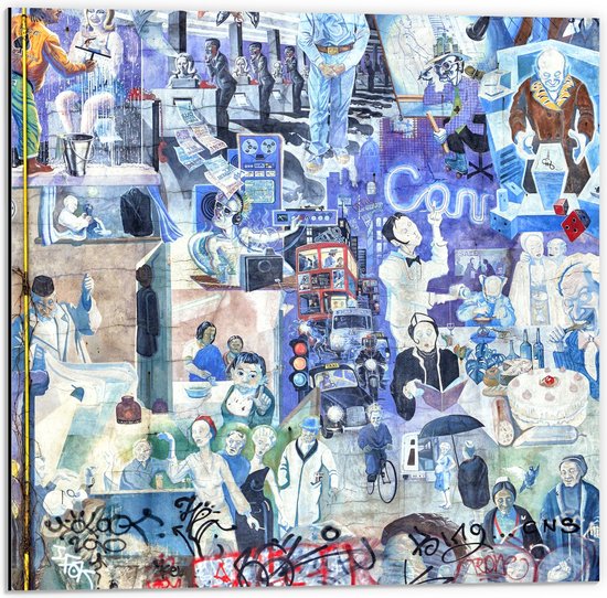 Dibond - Patronen van Verschillende Personen met Blauwe Gloed - 50x50 cm Foto op Aluminium (Wanddecoratie van metaal)