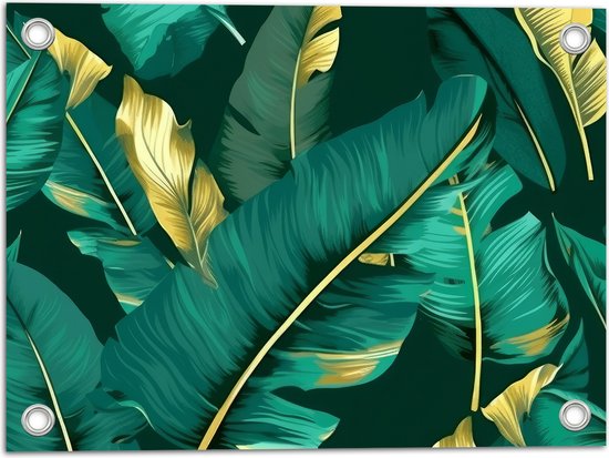 Tuinposter – Groene Palmbladeren met Gouden Details - 40x30 cm Foto op Tuinposter (wanddecoratie voor buiten en binnen)