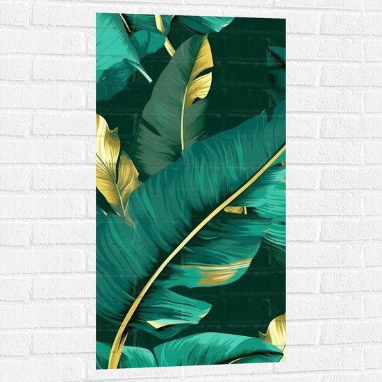 Muursticker - Groene Palmbladeren met Gouden Details - 50x100 cm Foto op Muursticker