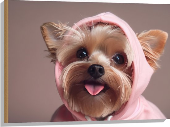 Hout - Lichtgekleurde Yorkisch Terrier in Roze Jasje met Uitstekende Tong - 80x60 cm - 9 mm dik - Foto op Hout (Met Ophangsysteem)