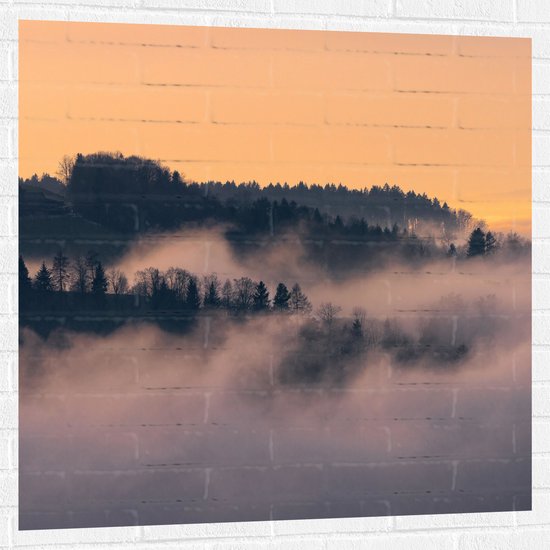 Muursticker - Bergen - Bomen - Wolken - Mist - Huisje - 100x100 cm Foto op Muursticker