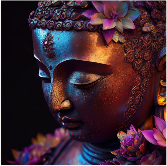 Poster Glanzend – Religieuze Boeddha met Roze Lelie Bloemen - 80x80 cm Foto op Posterpapier met Glanzende Afwerking