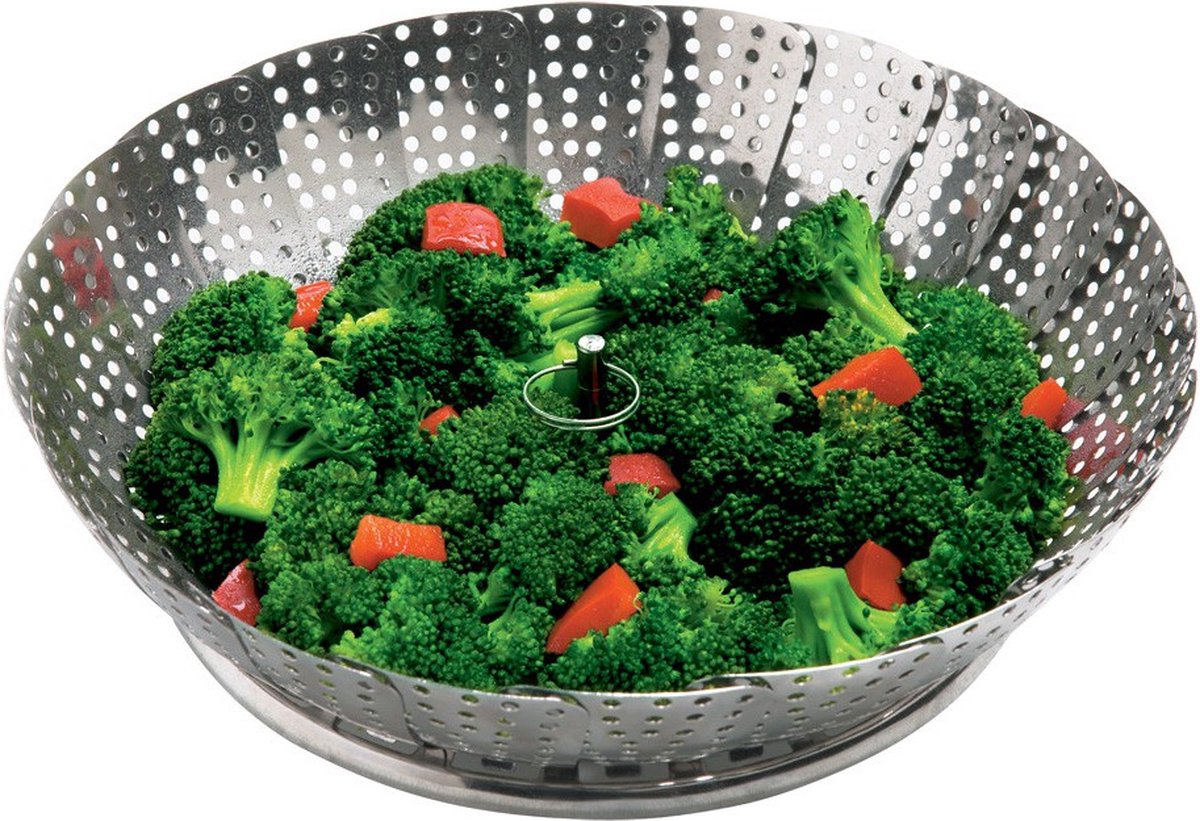 KINGHOFF - Stoommandje - Groente Stomer voor Pan - Stoominzet Opvouwbaar - Gezond Koken zonder Olie - Stoomrek Keuken - Staal - Ø28cm - Zilver — cadeau in Kookcadeaus - foto 4