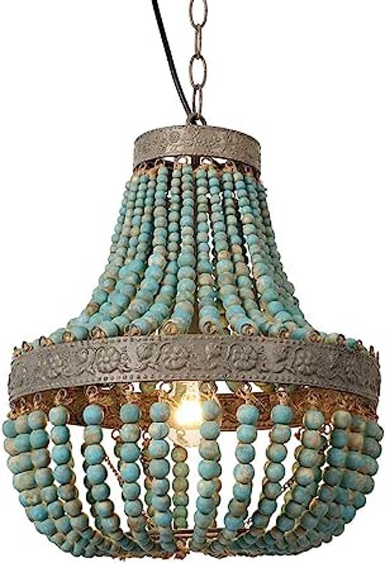 Lustre rural classique - lampe suspendue - perles en bois - bleu - e 27 - salon