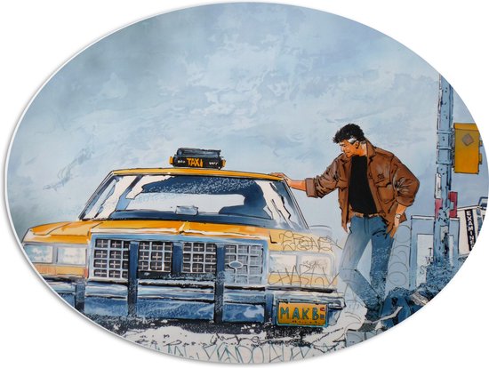 PVC Schuimplaat Ovaal - Tekening van Man Leunend op Kenmerkende Gele Taxi - 68x51 cm Foto op Ovaal (Met Ophangsysteem)
