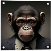 Tuinposter – Portretfoto van Chimpansee Aap in Zakelijk Pak met Gestreepte Stropdas - 50x50 cm Foto op Tuinposter (wanddecoratie voor buiten en binnen)