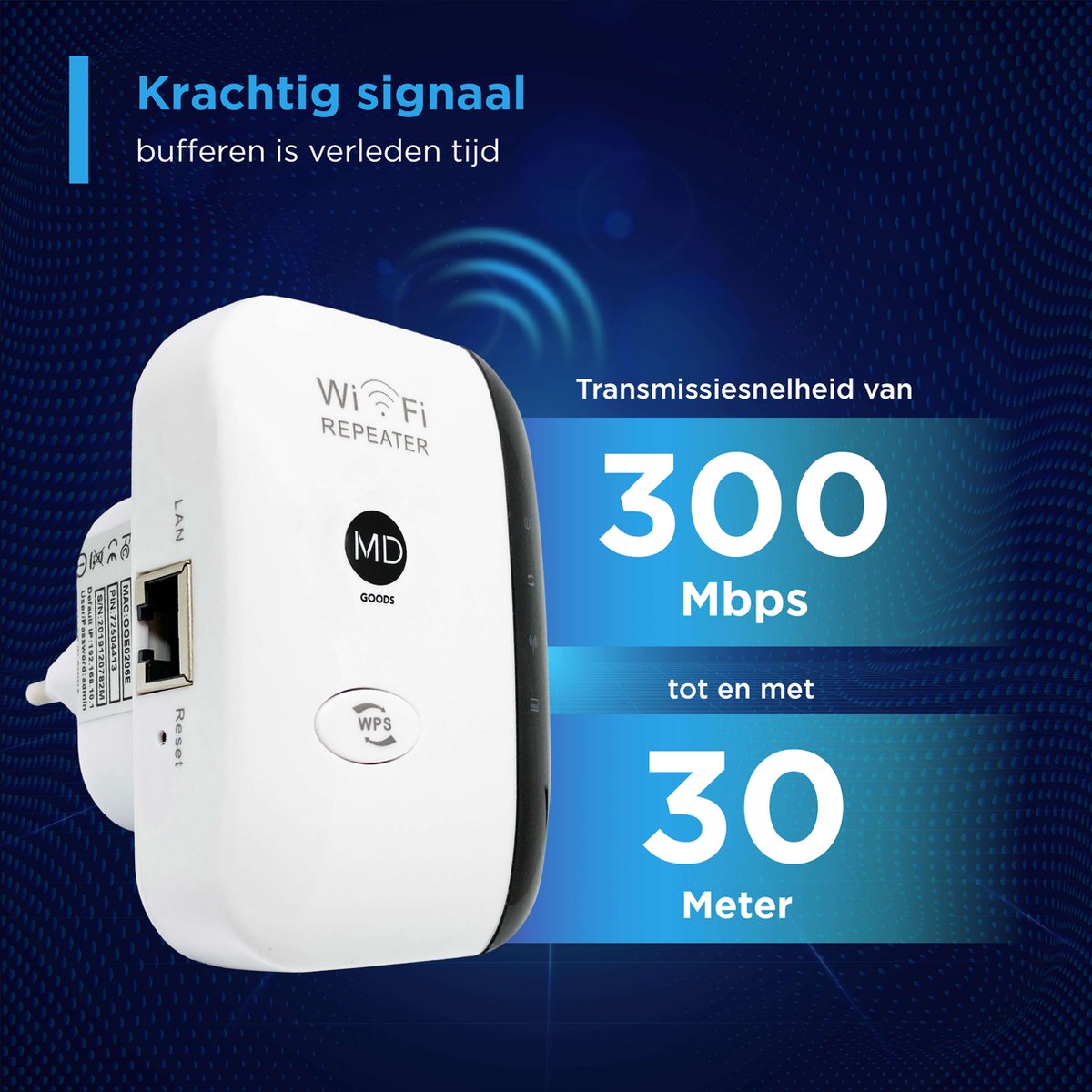 Afbeelding 3 van MD-goods ® WiFi Versterker Stopcontact Zwart - Gratis Internet Kabel - NL Handleiding - Repeater - 300Mbps - Draadloos