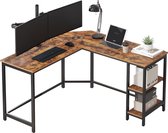 Bureau d'angle en forme de L avec tablettes et 2 plateaux de table - Bureau au look vintage - 135x135x75cm - Noir / Marron